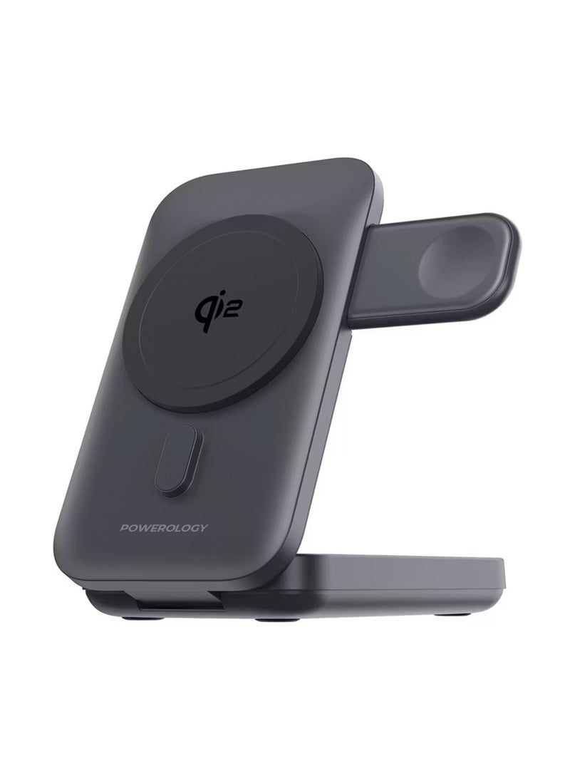 باورولوجي باور بانك وشاحن ساعة ماج سيف 10000 مللي أمبير/ساعة مع PD 15 وات، معتمد من Qi2، متوافق مع iWatch وAirpods، حامل قابل للطي - أسود - Image 1