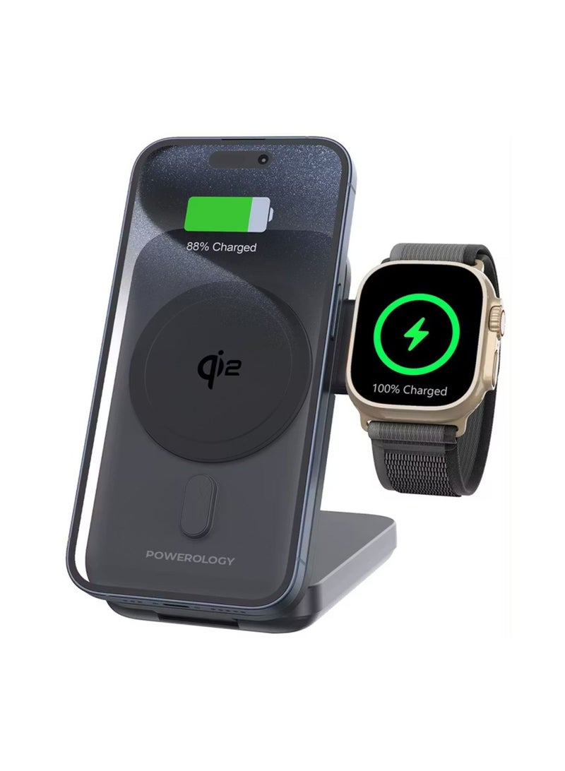 باورولوجي باور بانك وشاحن ساعة ماج سيف 10000 مللي أمبير/ساعة مع PD 15 وات، معتمد من Qi2، متوافق مع iWatch وAirpods، حامل قابل للطي - أسود - Image 3