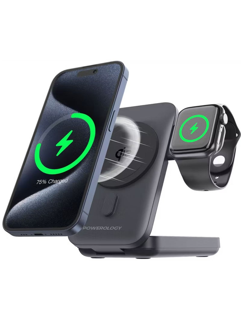 باورولوجي باور بانك وشاحن ساعة ماج سيف 10000 مللي أمبير/ساعة مع PD 15 وات، معتمد من Qi2، متوافق مع iWatch وAirpods، حامل قابل للطي - أسود - Image 2