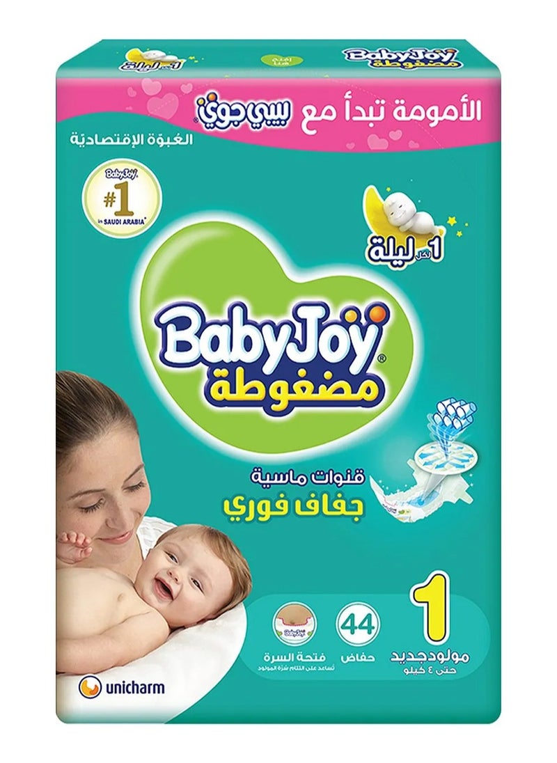 Baby Joy BabyJoy Compressed Diamond Pad Tape Style Diapers, 44 Pieces, Size 1 Newborn, Up to 4kg - Waist Stretch, Cotton Soft, 12Hrs Leak Protection 