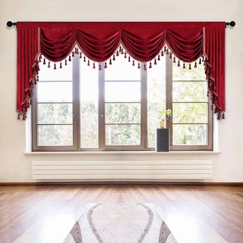 ELKCA ELKCA Thick Chenille Window Curtains Valance for Living Room with Tassels Burgundy Red Waterfall Valance for Festival Burgundy Red W110 