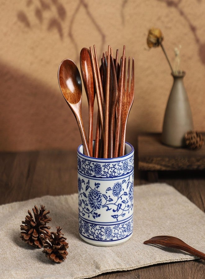 123Arts Utensil Holder,Blue and White Ceramic Utensil Crock for Spoon and Fork Storage, Kitchen Decor - Image 4