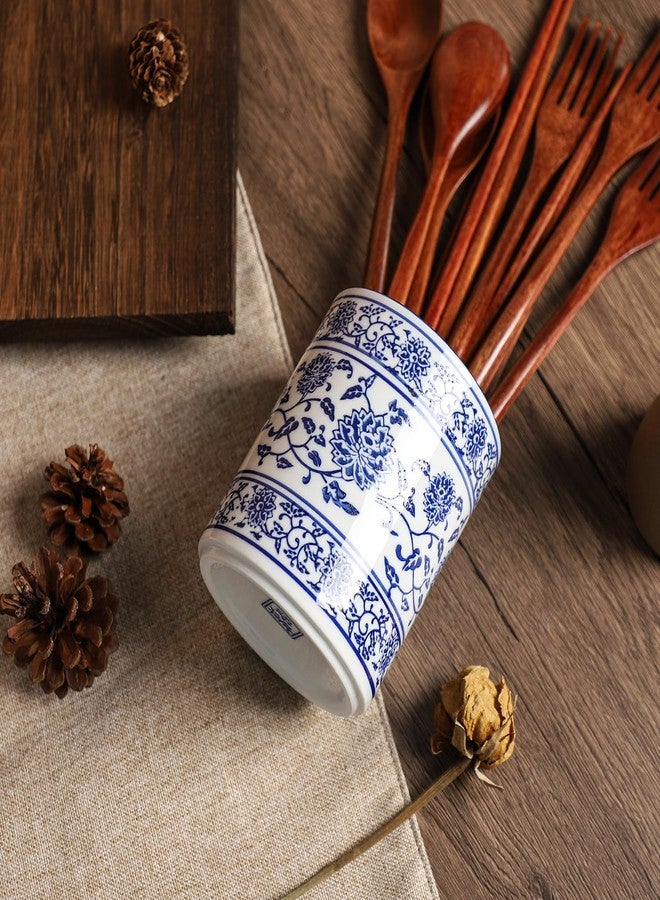 123Arts Utensil Holder,Blue and White Ceramic Utensil Crock for Spoon and Fork Storage, Kitchen Decor - Image 5