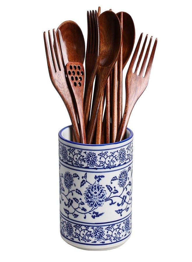 123Arts Utensil Holder,Blue and White Ceramic Utensil Crock for Spoon and Fork Storage, Kitchen Decor - Image 1