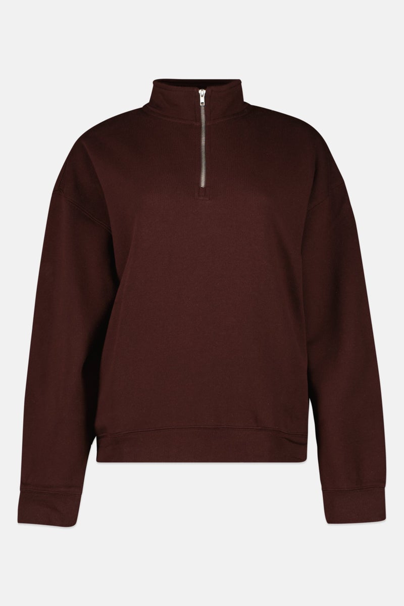 NIA Women Mock Neck Long Sleeve Half Zip Sweatshirt, Dark Brown - Image 4