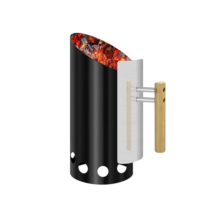 Joyagrill Charcoal Chimney Starter Double Enameled Chimney Starter Charcoal Chimney with Heat Shield Wood Handle Great Heat Insulation Coal Starter for Grill Easy Grip Charcoal Starter Black