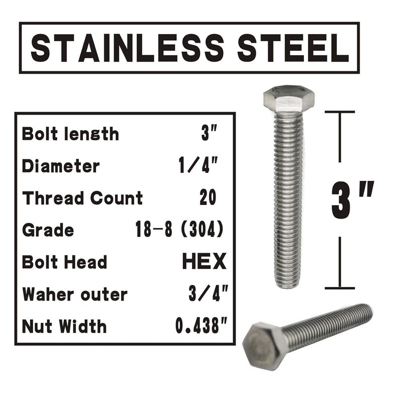 Fullerkreg (10 Sets) 1/4-20x3 Stainless Steel Hex Head Screws Bolts, Nuts, Flat & Lock Washers, 18-8 (304) S/S, Fully Threaded by Bolt - Image 2