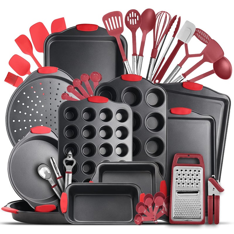 Eatex Nonstick Bakeware Sets with Baking Pans Set 39 Piece Baking Set with Muffin Pan Cake Pan  Cookie Sheets for Baking Nonstick Set Steel Baking Sheets for Oven with Red Kitchen Utensils Set