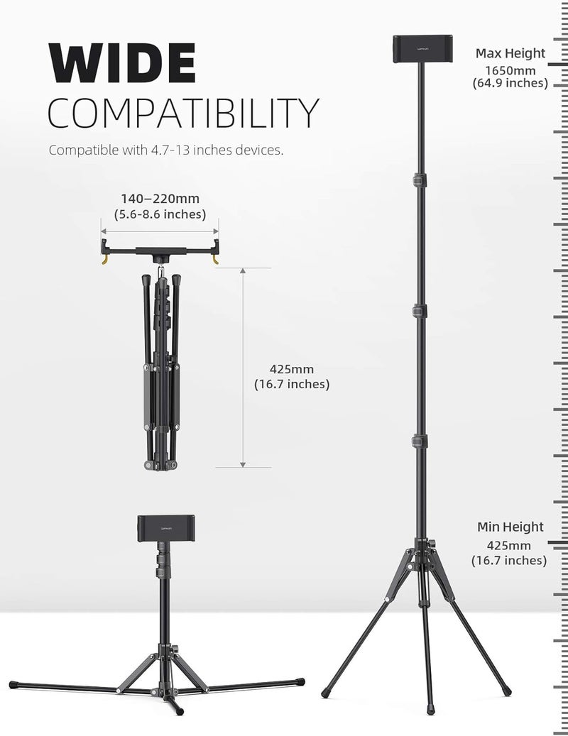 Lamicall Tablet Floor Tripod Stand - 64.9" Tablet Holder Mount with Adjustable Height for Stream/Watching/Reading, for iPad Pro 12.9, Mini, Air, iPhone and 4.7-13" Tablet and Cellphone - Image 4