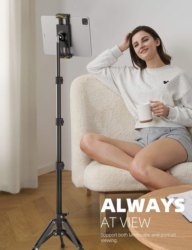 Lamicall Tablet Floor Tripod Stand - 64.9" Tablet Holder Mount with Adjustable Height for Stream/Watching/Reading, for iPad Pro 12.9, Mini, Air, iPhone and 4.7-13" Tablet and Cellphone - Image 1