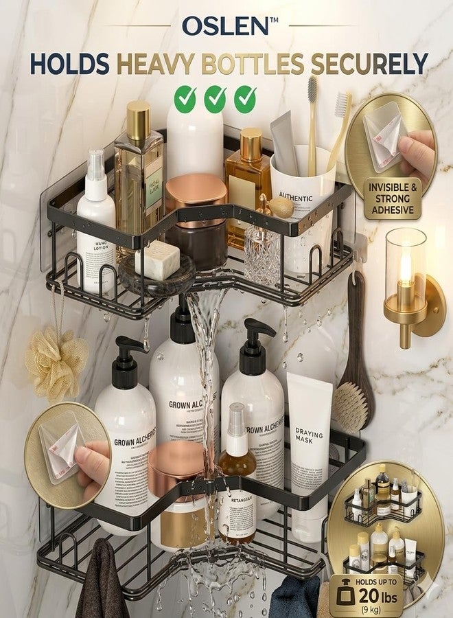 MOXLY Self-Adhesive Corner Bathroom Shelf Set | Wall Mounted Metal Organiser for Shampoo Soap and Toiletry Storage | Triangle Rack for Shower and Kitchen Wall | Pack of 2 - Image 3