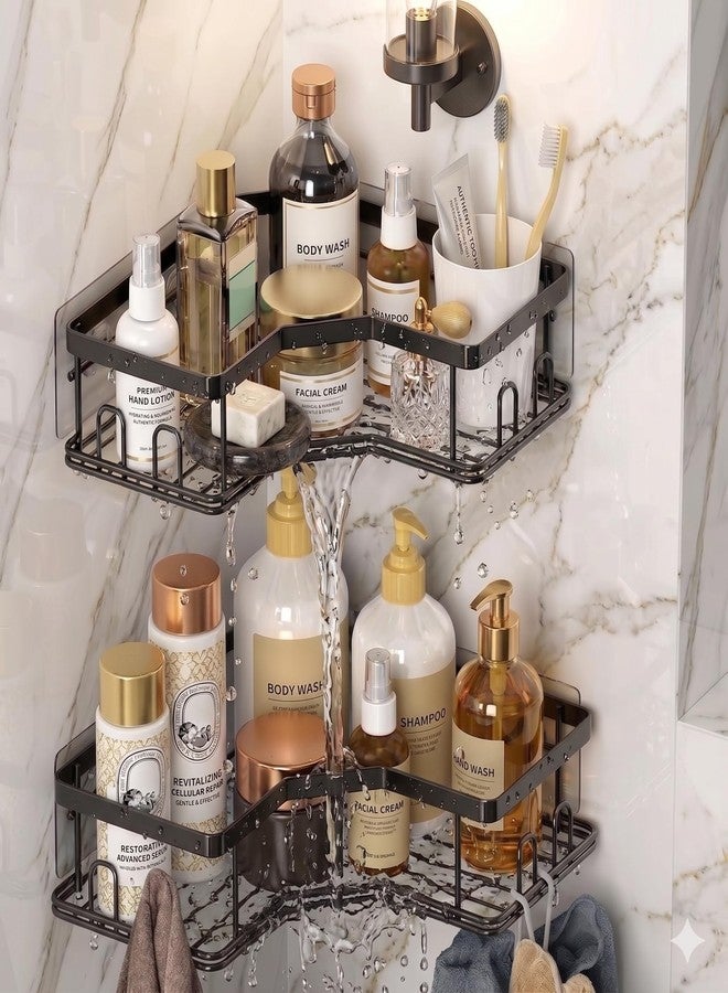 MOXLY Self-Adhesive Corner Bathroom Shelf Set | Wall Mounted Metal Organiser for Shampoo Soap and Toiletry Storage | Triangle Rack for Shower and Kitchen Wall | Pack of 2 - Image 2