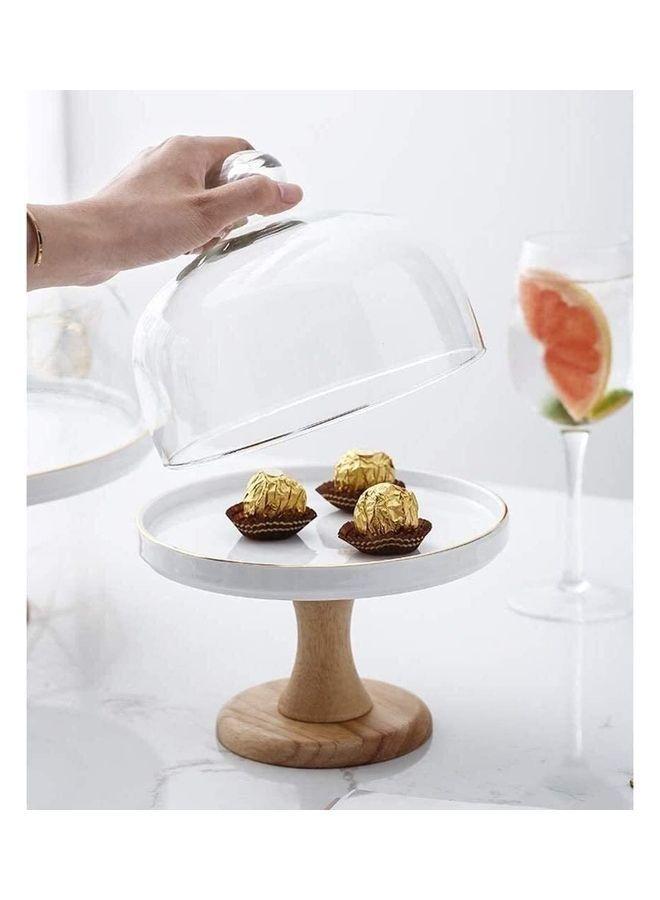 Round Shape Cake Stand with Glass Lid and Wooden Base Clear/White/Brown 19.5 x 25 10cm - Image 2