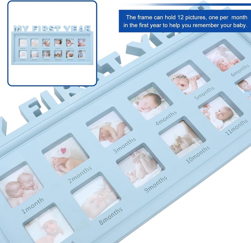 12 Month Milestone Picture Frame for Boys Growth Keepsake Frame with Blue Display Stand for Nursery and Shower - Image 3