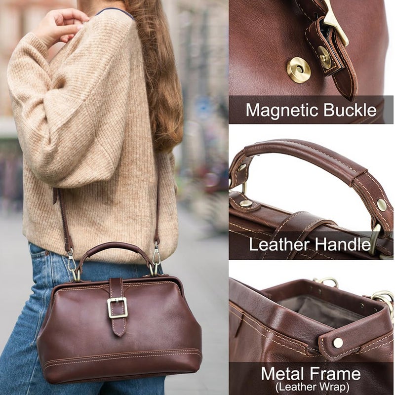 CONTACTS Doctor Bag for Women Full Grain Leather Top Handle Purse Satchel Handbag Shoulder Bag Vintage Tote Bag with Metal Clasp Frame Opening - Image 3