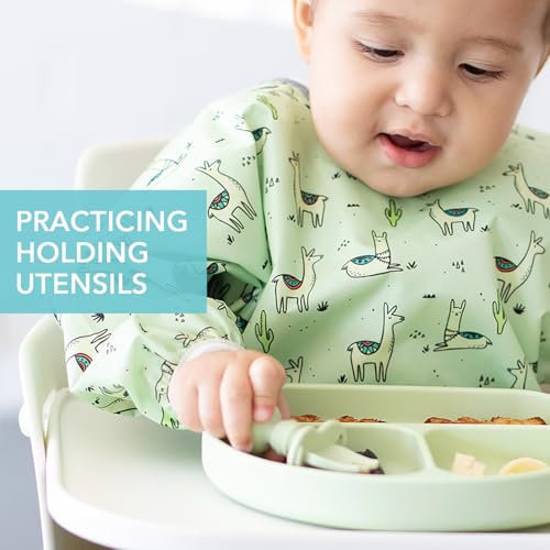 Bumkins Baby Utensils Set, Chewtensils Silicone Spoons for Dipping, Self-Feeding, Baby Led Weaning, Trainer Learning, First Stage Eating, Soft Practice Fork and Spoon, Babies 6 Months, Sage Green - Image 2