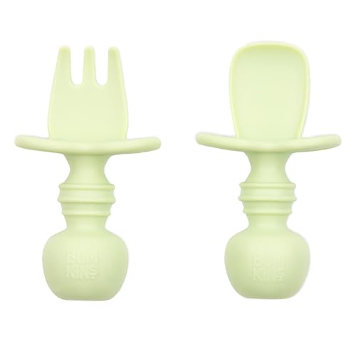 Bumkins Baby Utensils Set, Chewtensils Silicone Spoons for Dipping, Self-Feeding, Baby Led Weaning, Trainer Learning, First Stage Eating, Soft Practice Fork and Spoon, Babies 6 Months, Sage Green - Image 1