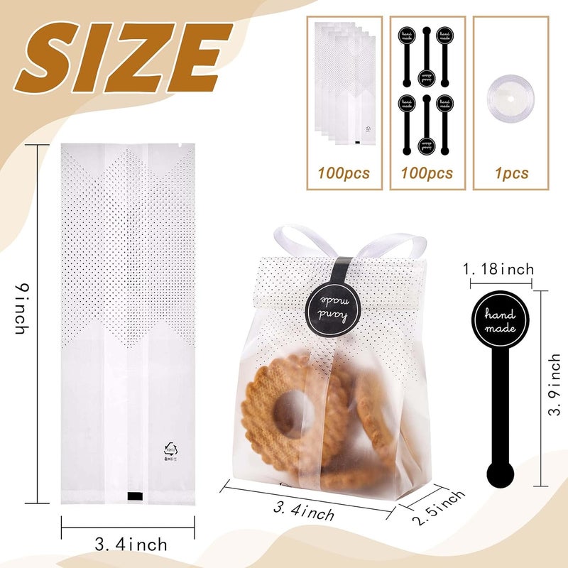 YunKo أكياس الكعك لتقديم الهدايا أكياس سيلوفان شفافة للحلويات كعكة صغيرة، كعكة بوندت، تغليف قنابل الكاكاو الساخن مع ملصقات (100 عبوة، نقط سوداء) - Image 3