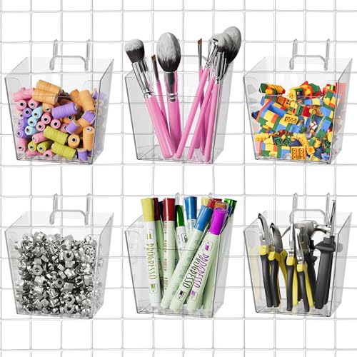 G.CORE Large Grid Wall Bins - 6Pack Clear Gridwall Accessories Hanging Cups with Back Hooks - Plastic Grid Wall Panels Organizers Wire Shelves Holders for Garage Garden Craft Office Tools Storage - Image 1