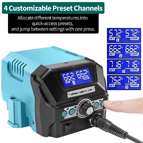 YIHUA 939D+ III EVO Digital Soldering Iron Station Kit 110W High Power with LCD display, 4 Memory Channels, Sleep Mode, Digital Calibration, Solder Wire, Helping Hands, Magnifier, 3 Soldering Tips - Image 3