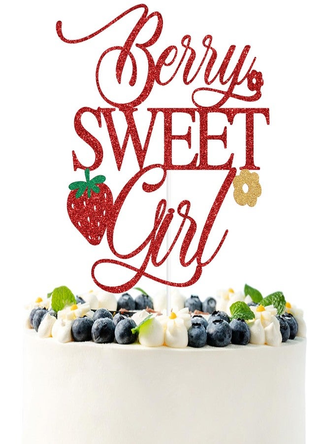 PYBHILK Red Glitter Berry Sweet Girl Cake Topper, A Little Berry Sweet Baby is on the Way/Strawberry Welcome Girl, Strawberry Themed Baby Shower Party Decorations for Baby Girls - Image 1