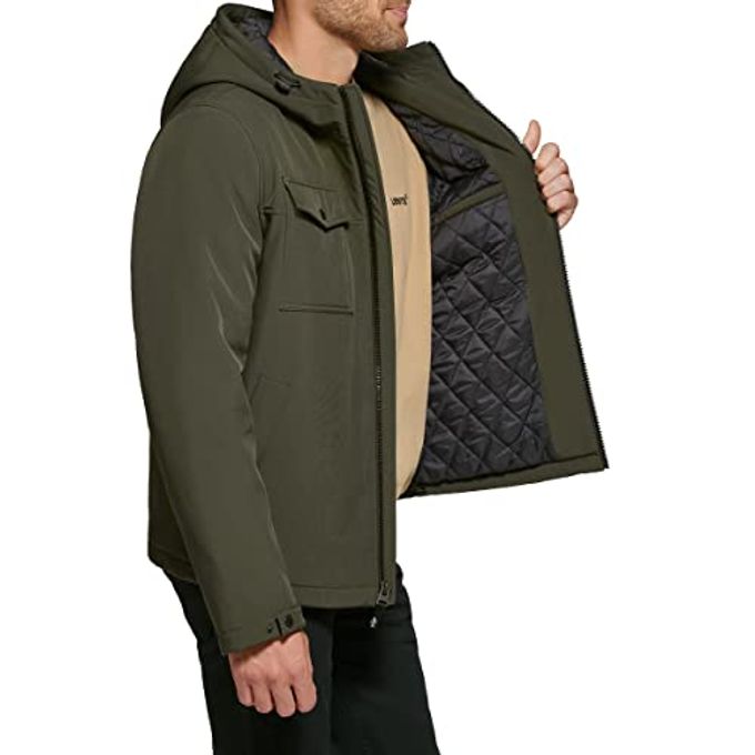 Levi's Men'S Soft Shell Two Pocket Sherpa Lined Hooded Trucker Jacket, Olive W. Quilted Lining, Large - Image 5