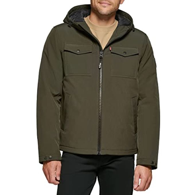 Levi's Men'S Soft Shell Two Pocket Sherpa Lined Hooded Trucker Jacket, Olive W. Quilted Lining, Large - Image 1