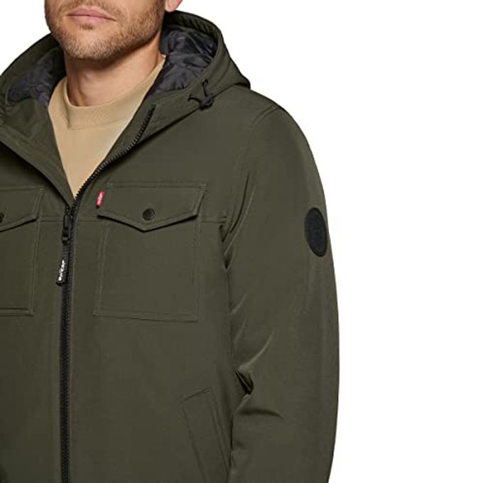 Levi's Men'S Soft Shell Two Pocket Sherpa Lined Hooded Trucker Jacket, Olive W. Quilted Lining, Large - Image 3