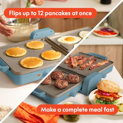 bella 10"x 20" Ceramic Fold-n-Store Dual Temp Griddle, Fits-anywhere Kitchenware, EverGood Ceramic Nonstick Coating, 2 Temperature Zones up to 400°F​, Dishwasher Safe Drip Tray, 1500 Watt, Surf - Image 3