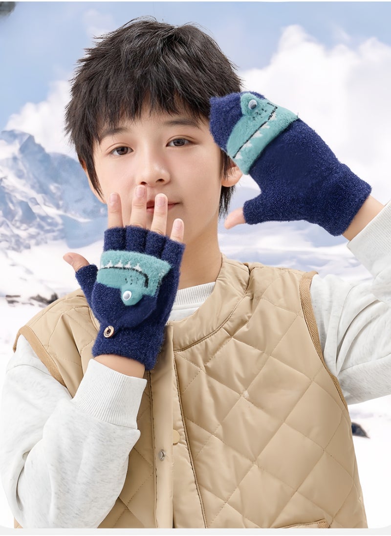 Harse Children's Autumn and Winter Warm Half-Finger Gloves for Boys and Girls, Thickened Winter Gloves for Elementary School Kids, Suitable for Writing, Outdoor Play, and Five-Finger Gloves,4-9Y（Blue Crocodile）  - Image 1