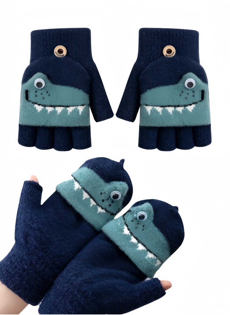 Harse Children's Autumn and Winter Warm Half-Finger Gloves for Boys and Girls, Thickened Winter Gloves for Elementary School Kids, Suitable for Writing, Outdoor Play, and Five-Finger Gloves,4-9Y（Blue Crocodile）  - Image 2