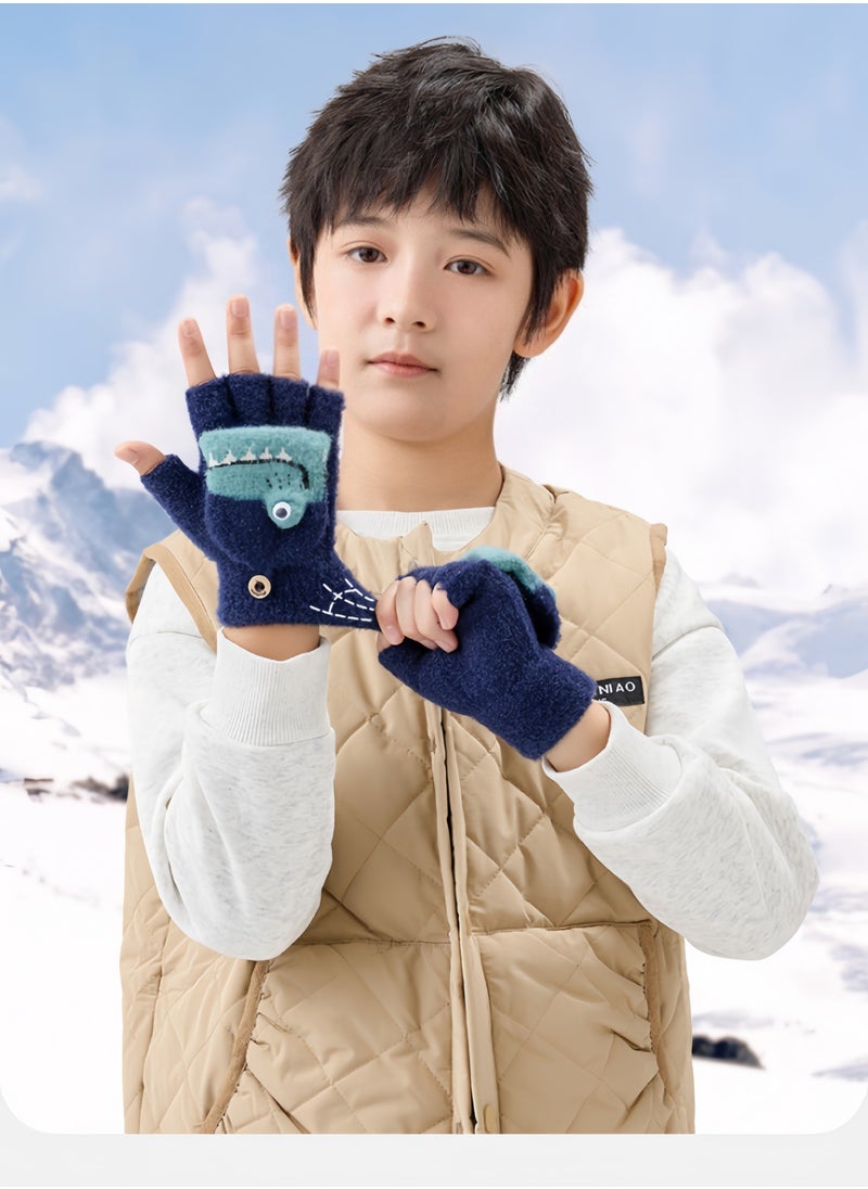 Harse Children's Autumn and Winter Warm Half-Finger Gloves for Boys and Girls, Thickened Winter Gloves for Elementary School Kids, Suitable for Writing, Outdoor Play, and Five-Finger Gloves,4-9Y（Blue Crocodile）  - Image 3