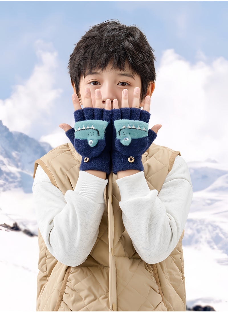 Harse Children's Autumn and Winter Warm Half-Finger Gloves for Boys and Girls, Thickened Winter Gloves for Elementary School Kids, Suitable for Writing, Outdoor Play, and Five-Finger Gloves,4-9Y（Blue Crocodile）  - Image 5
