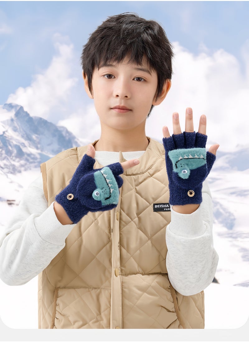 Harse Children's Autumn and Winter Warm Half-Finger Gloves for Boys and Girls, Thickened Winter Gloves for Elementary School Kids, Suitable for Writing, Outdoor Play, and Five-Finger Gloves,4-9Y（Blue Crocodile）  - Image 4