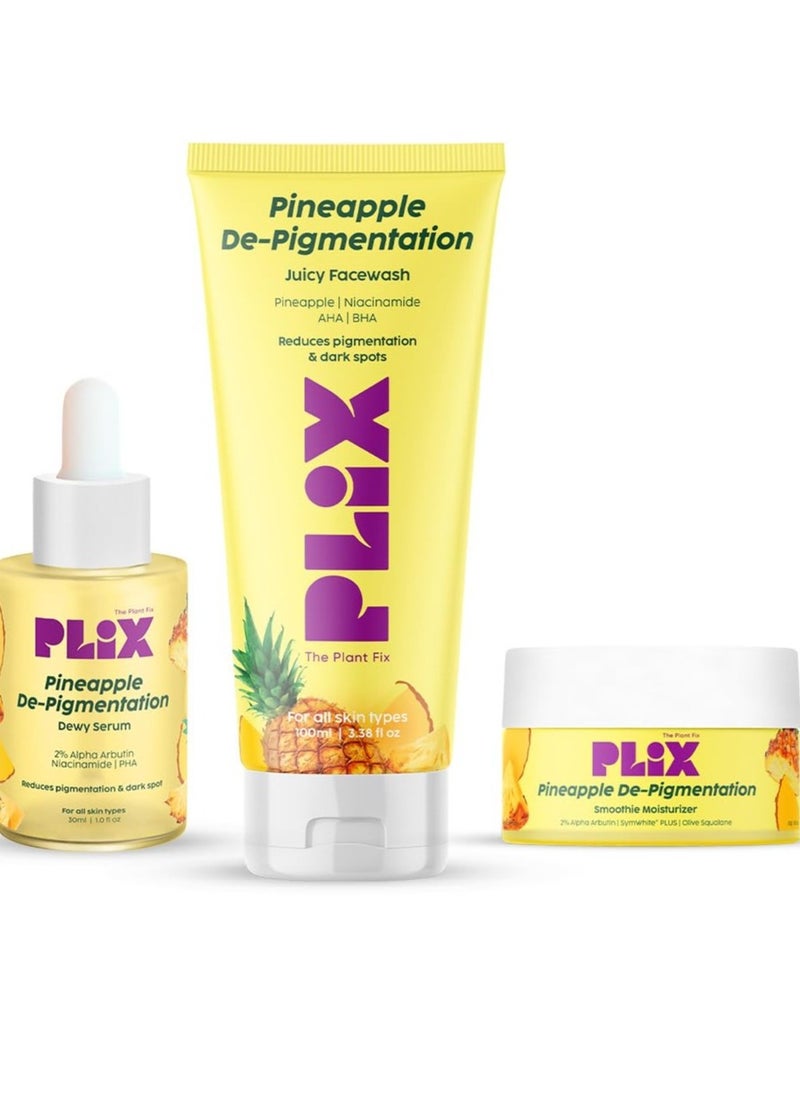 PLIX THE PLANT FIX Pineapple Pigmentation Skincare Kit For Dark Spot Removal Cleanser Face Serum and Moisturizer Combo With 2 percent Alpha Arbutin For Women and Men Pack of 3  - Image 1