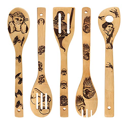 HYGNN Star War Burned Wooden Spoons Utensil Set Gift Idea Cooking Serving Utensils Natural Bamboo Kitchen House Warming Presents Slotted Spoon 5 Piece - Image 1
