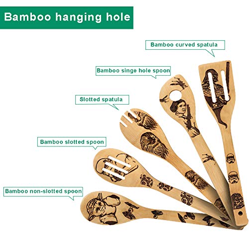 HYGNN Star War Burned Wooden Spoons Utensil Set Gift Idea Cooking Serving Utensils Natural Bamboo Kitchen House Warming Presents Slotted Spoon 5 Piece - Image 4