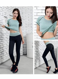 GROIC Workout Outfits Women 3 Piece Crop Tops Sport Bra High Waist Double-Layered Leggings Quick-Dry Short Sleeves Sets for Outfits, Yoga, Running, Gym Green Size M  - Image 5