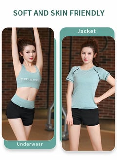 GROIC Workout Outfits Women 3 Piece Crop Tops Sport Bra High Waist Double-Layered Leggings Quick-Dry Short Sleeves Sets for Outfits, Yoga, Running, Gym Green Size M  - Image 4