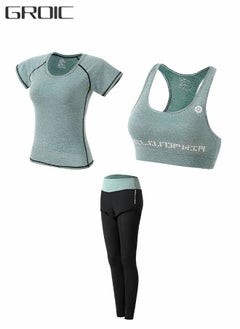 GROIC Workout Outfits Women 3 Piece Crop Tops Sport Bra High Waist Double-Layered Leggings Quick-Dry Short Sleeves Sets for Outfits, Yoga, Running, Gym Green Size M  - Image 1