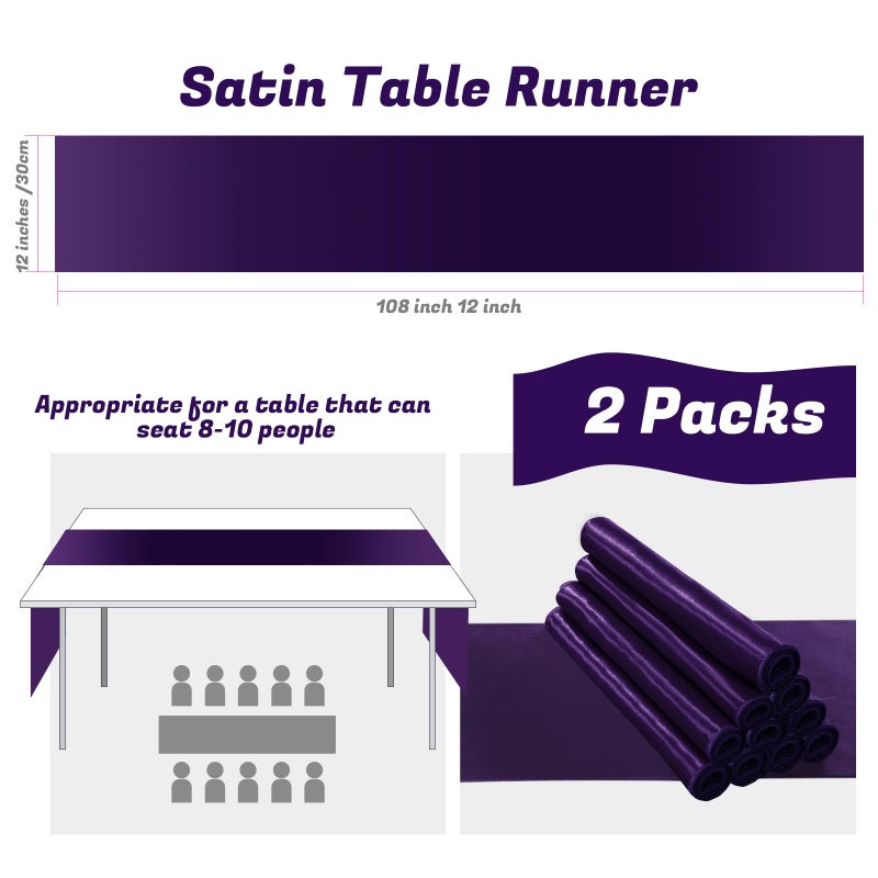 KKJIAF 2 Pack Purple Table Runners 12 x 108 Inch, Rectangular Smooth Satin Silk Table Runner for Wedding, Banquet, Birthday Party Decoration - Image 2