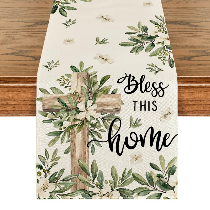 Artoid Mode Cross Olive Leaves Spring Table Runner,Seasonal Summer Easter Kitchen Dining Table Decoration for Home Party Decor 13x72 Inch - Image 1