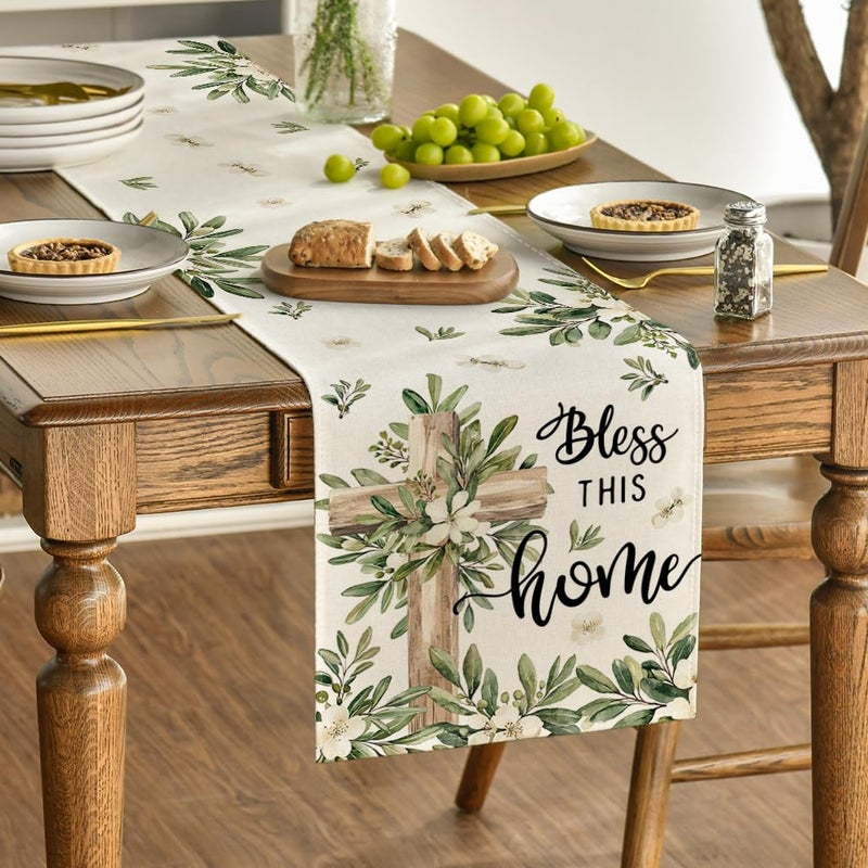 Artoid Mode Cross Olive Leaves Spring Table Runner,Seasonal Summer Easter Kitchen Dining Table Decoration for Home Party Decor 13x72 Inch - Image 3