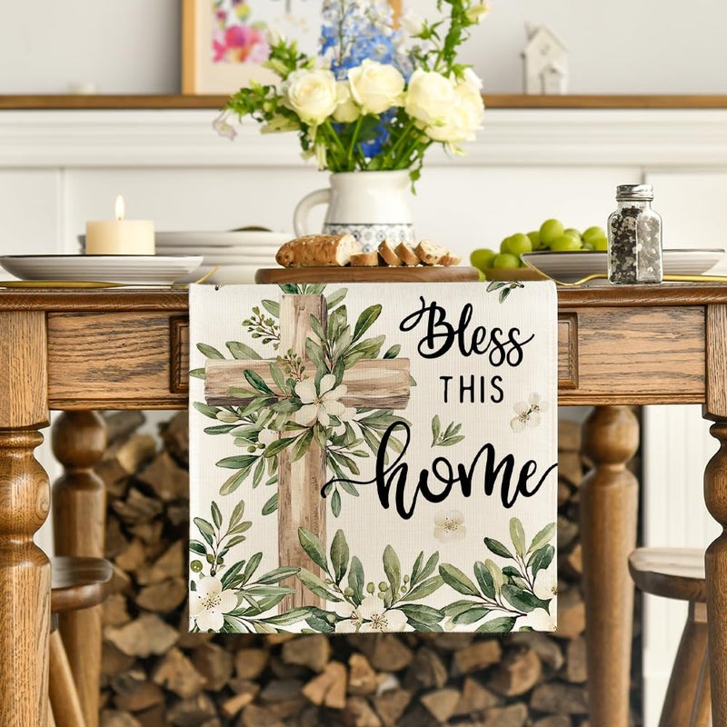 Artoid Mode Cross Olive Leaves Spring Table Runner,Seasonal Summer Easter Kitchen Dining Table Decoration for Home Party Decor 13x72 Inch - Image 2
