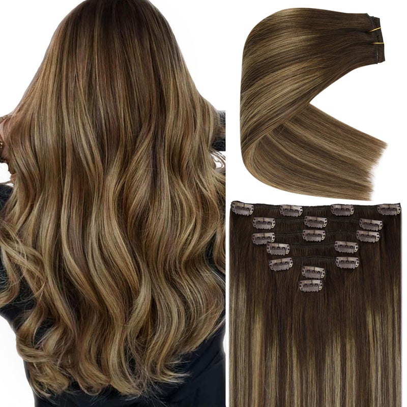 Ve Sunny Balayage Clip in Hair Extensions Human Hair Extensions Clip ins Dark Brown Ombre Caramel Blonde Clip in Extensions Real Human Hair for Long Straight Hair 22inch 120g 7pcs