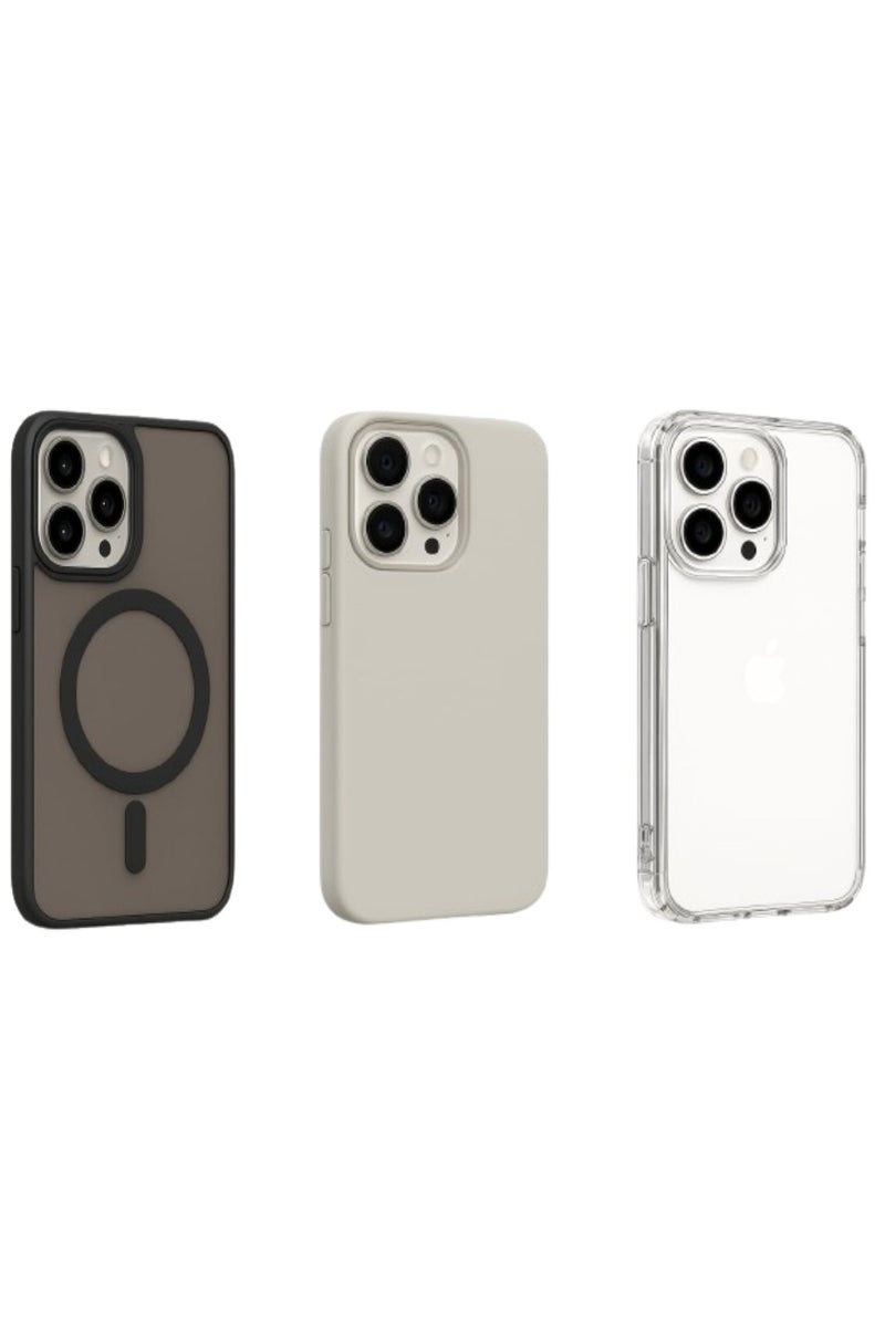 Case Club 3PCS  iPhone 15 Pro Max Case Combo – Luxury Shockproof MagSafe Soft Silicone, Transparent & Slim Fit Covers - Image 1