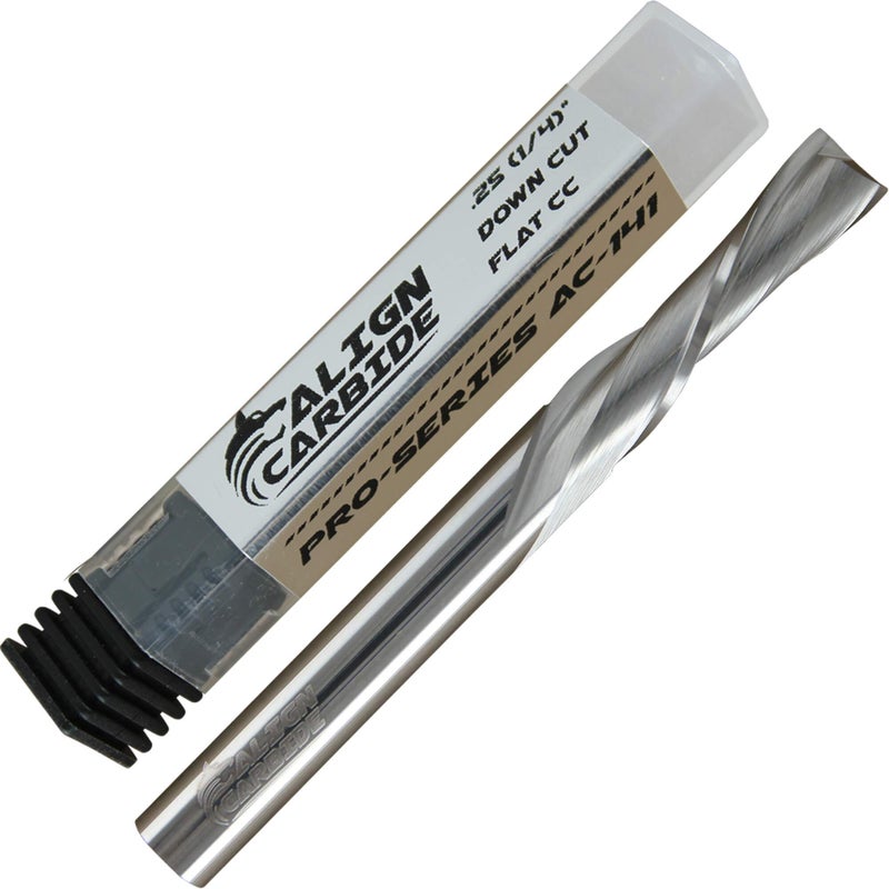 Align Carbide, Down Cut Router Bit, 1/4 Inch Cutting Diameter, 1/4 Inch Shank, Premium Solid Micro Grain Carbide, Spiral Plunge, 2 Flute, Flat Cutting Face, CNC Router Pro-Series.