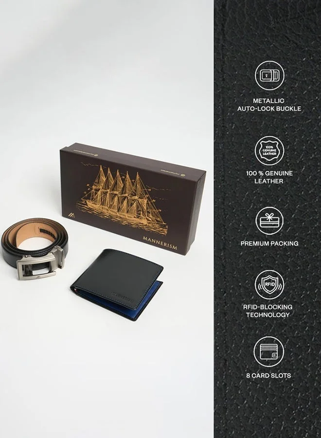 MANNERISM  The Helm Signature Leather Gift Set – Belt & Wallet · Black/Black with Blue Accent for Men | Best Price UAE