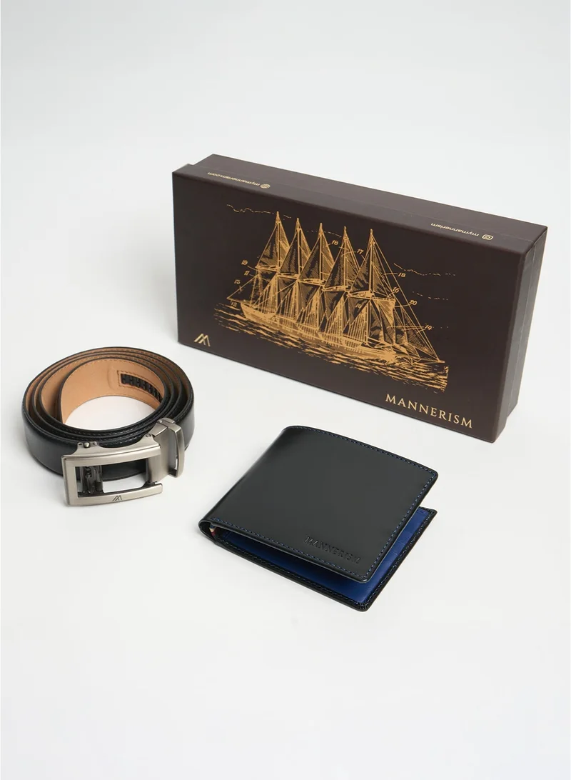 مانرزم The Helm Signature Leather Gift Set – Belt & Wallet · Black/Black with Blue Accent