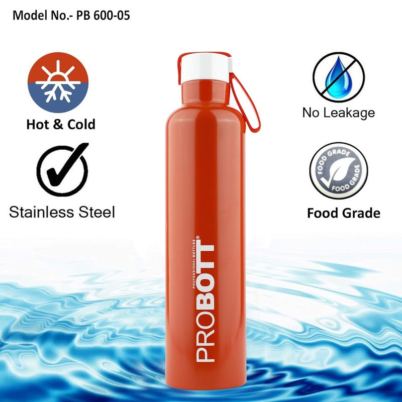 PROBOTT Probott Bang Water Bottle Stainless Steel Water Bottles Vacuum Insulated Flask Bottles 600 ml Orange Hot and Cold Easy to Carry Rust Leak Proof Tea Coffee Office Gym Travel  - Image 3